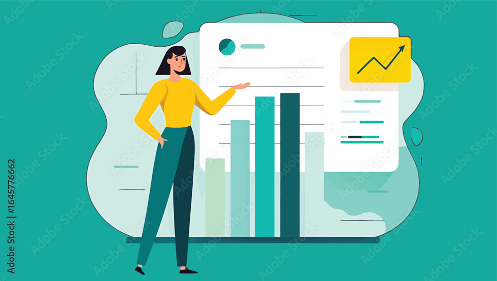 Poster data-driven decisions woman presenting business growth statistics with bar graph and line chart