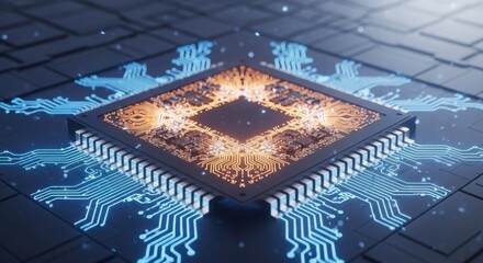 Ornate glowing chip sits atop geometric blue circuits on dark surface