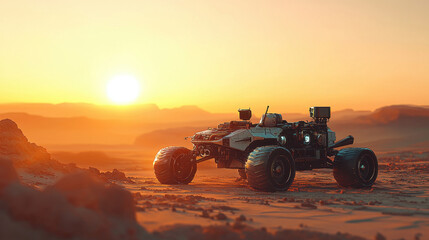 Fototapeta premium Futuristic Rover on a Desert Planet at Sunset