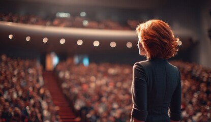 A woman with red hair standing on stage in front of a large audience during a live event at sunset