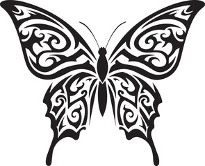 Black Tribal Butterfly Silhouette with Ornate Wing Patterns on White Background vector illustration