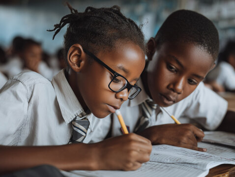 Focused schoolchildren writing in notebooks during lesson, education concept