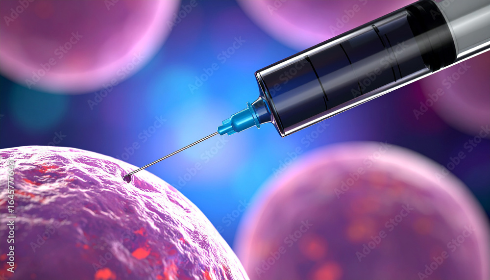 Aufkleber microscopic injection: an advanced rendering of a syringe injecting into a singular cell, highlighti