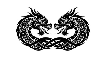 Fototapeta premium Dynamic duo of fierce black dragons entwined in powerful, ancient knotwork, creating a striking symbol of strength and mythology.