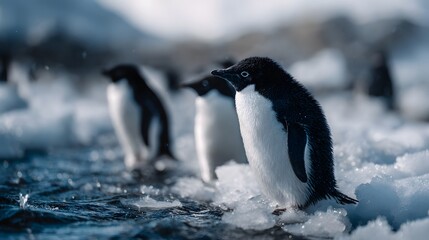 Obraz premium Penguins standing on icy shore in the Antarctic wilderness