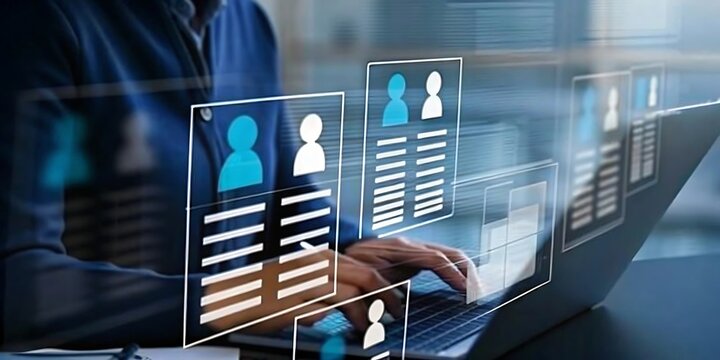 Person Using Laptop With Digital Profiles And Data Visualization Overlays computer technology