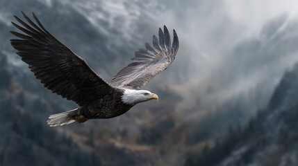 Obraz premium Majestic bald eagle soaring over rugged mountain peaks