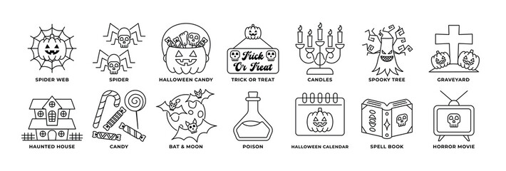 Halloween Icon Set – Outline Style with Spider Web, Candy, Haunted House, Graveyard, and More