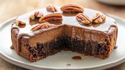 Decadent Chocolate Cake Topped with Pecans and Glossy Ganache