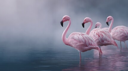 Fototapeta premium A flock of flamingos wading in a serene wetland