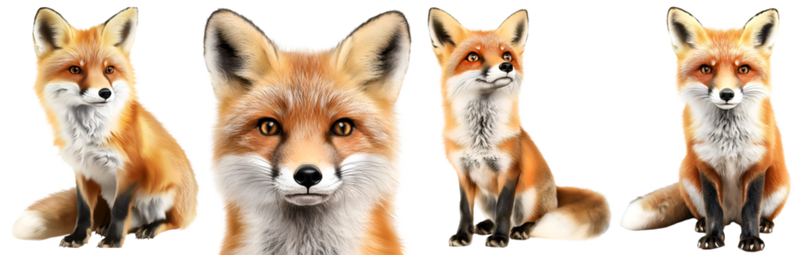 Collection of red fox family with adult and baby foxes isolated on white background

