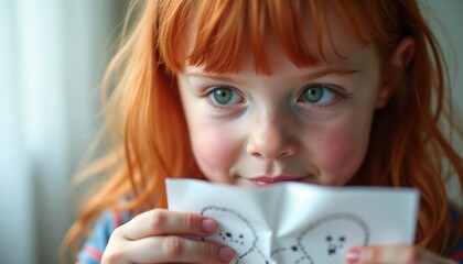 A young girl with red hair and blue eyes holds a folded paper with drawings. She has a playful expression and is indoors with soft lighting.
