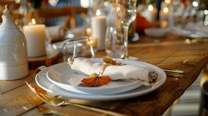 Fototapeta premium Elegant rustic table setting with white porcelain plates, gold cutlery, linen napkin tied with jute and autumn leaf, vase bouquet, warm candlelight reflection on wooden table, fine dining restaurant 