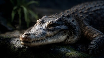 Obraz premium Crocodile resting on riverbank with lighting and sharp focus