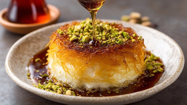 Turkish kunefe dessert crispy shredded pastry melted cheese sugar syrup pistachio garnish