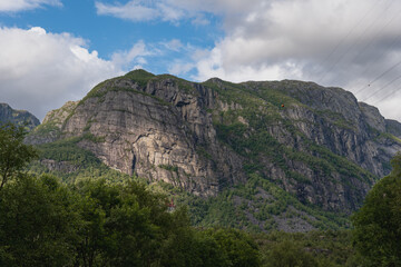 Towering Mountain with Steep Rock Faces in Lysebotn, Norway