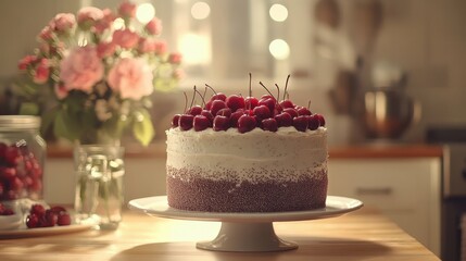 Delicious Cherry Topped Cake on a Wooden Table with Flowers