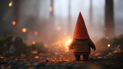 Fototapeta premium Gnome Halloween autumn magic concept. A small figure in a forest wearing a red cone hat sparkles with light.