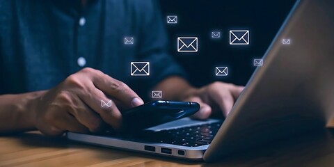 Person Using Smartphone And Laptop With Email Icons Floating In The Air communication technology