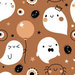 Cute halloween seamless pattern ghost vector pumpkin characters spooky backdrop for wrapping paper, poster, cartoon autumn fall print set.