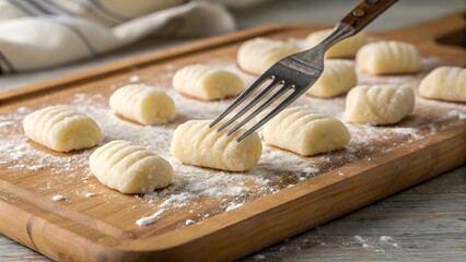 Fork pressing ridges onto fresh homemade potato gnocchi on a wooden cutting board dusted with flour