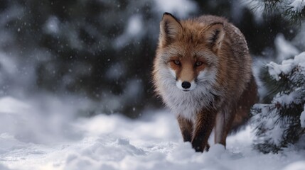 Fototapeta premium A red fox cautiously navigates a snowy forest landscape