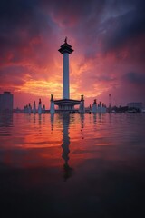 Fototapeta premium Jakarta's Monas Monument Reflected in Water at Fiery Sunset