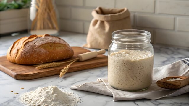 Artisan sourdough bread starter in a jar with a rustic loaf and flour on a wooden cutting board