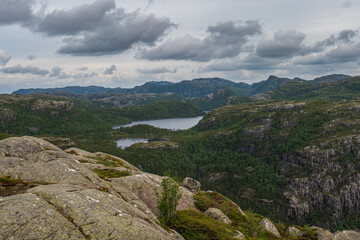 Mountainous Landscape with Lake and Forests Near Lysebotn, Norway