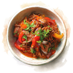 Ropa Vieja, watercolor painting, vector illustration, isolated on a white background.