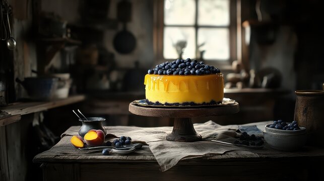 Delicious Blueberry Cheesecake on Rustic Wooden Stand in Kitchen - Powered by Adobe