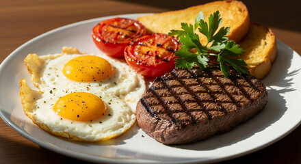 American Breakfast with Steak, Eggs, Toast and Grilled Tomatoes