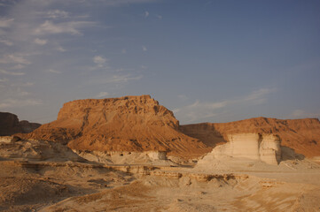  View of the eastern cliffs of Masada, a mountaintop fortress in the Judean Desert of Israel along...