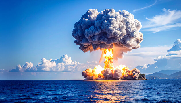 Hongo de una explosion de bomba atomica explotando sobre el mar en el dia internacional contra los ensayos nucleares