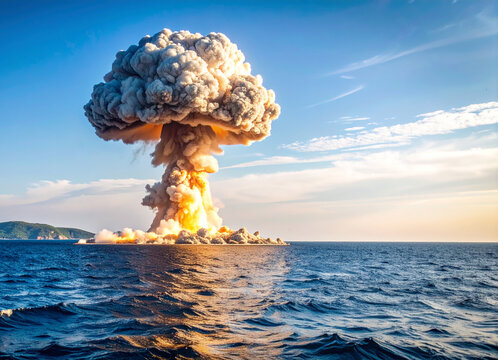 Hongo de una explosion de bomba atomica explotando sobre el mar en el dia internacional contra los ensayos nucleares
