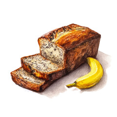 Banana Bread, watercolor painting, vector illustration, isolated on a white background.