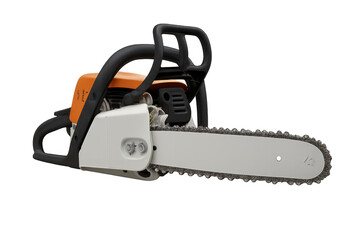 Chainsaw with orange and white body on transparent background
