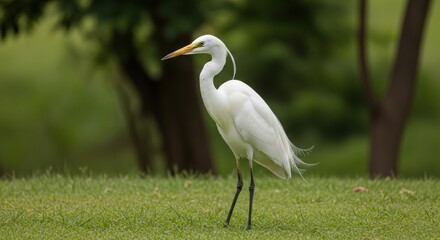Fototapeta premium Elegant egret portrait standing gracefully on green grass in park setting