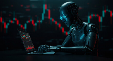 A futuristic robot wearing glasses analyzes stock market data on a laptop, with financial charts displayed in the background.