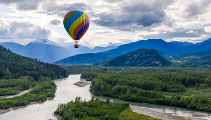 Naklejka premium Colorful Hot Air Balloon Over Scenic Mountain Landscape with Flowing River