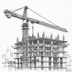 Towering cranes on a city construction site against a blue sky, building new architecture with concrete and steel