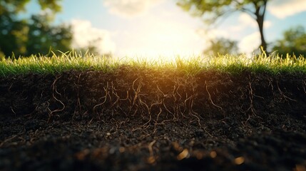 Fototapeta premium Soil profile grass tuft with roots, dark earth, sunlit background