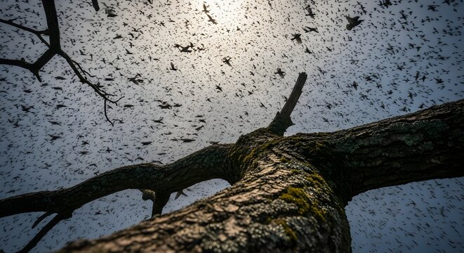 Sky Alive: Dramatic Low-Angle View of a Bird Murmuration Above a Tree