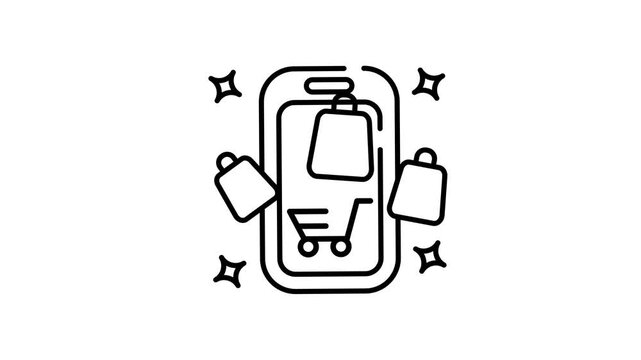 line art animation of Shopping application showcases groceries on a phone screen with bags and a cart.