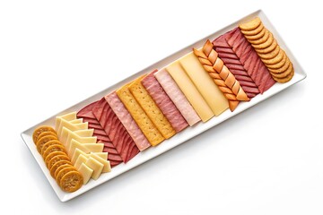 Elegant charcuterie board featuring sliced meats cheeses and crackers arranged on a white platter