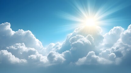 Bright sunbeams pierce through a fluffy cloud formation.