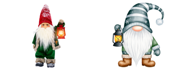 Set Of Winter Gnome with Lantern and Snowy Hat, Transparent Background