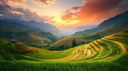 Fototapeta premium Stunning terraced rice paddies at sunset