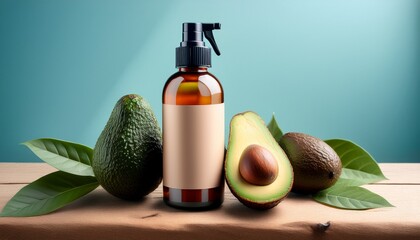 a brown spray bottle placed on dry wood on a pastel blue background adorned with fresh avocado and leafy decorations showcasing a blank label for text input