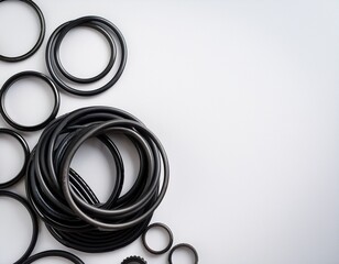 varied black hydraulic and pneumatic o rings on a white backdrop rubber plumbing gaskets with space for text